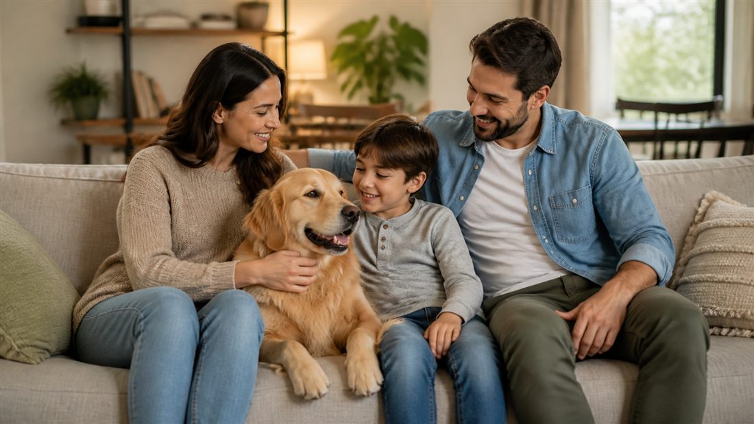Family sitting with their dog